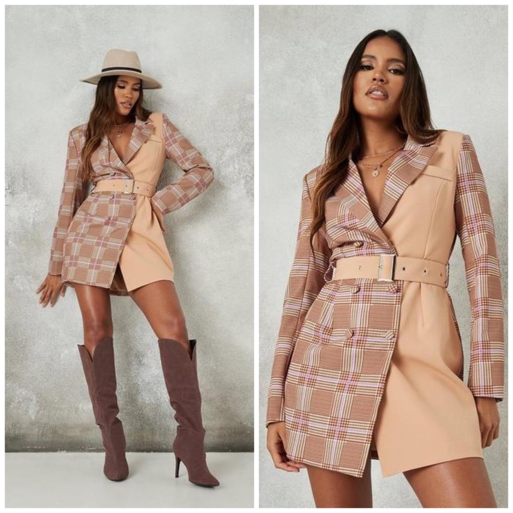 Brown Checked Contrast Blazer Dress